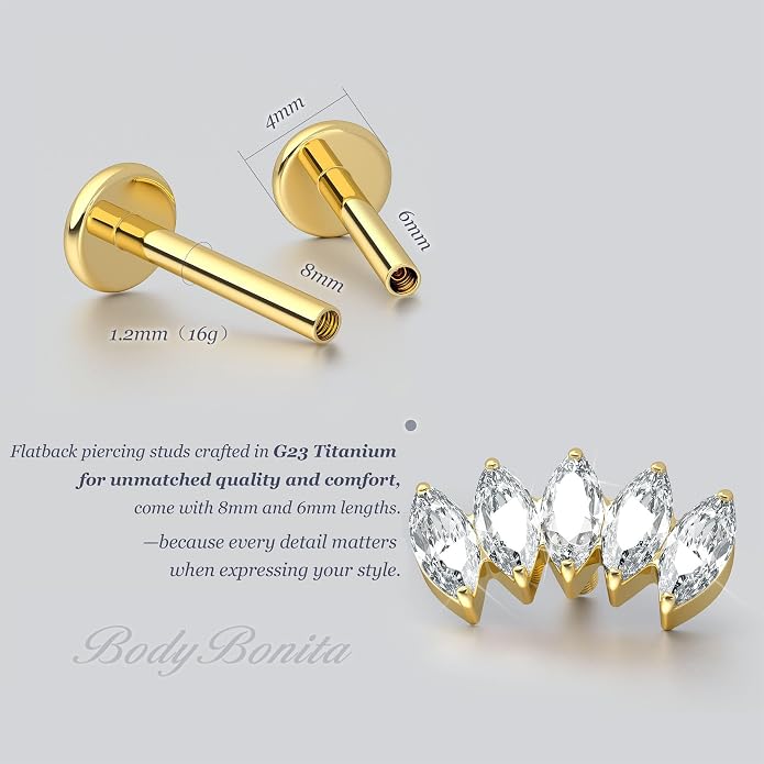 BodyBonita 16G Stud Earrings Flat Back - G23 Titanium Internal Thread Cartilage Earrings