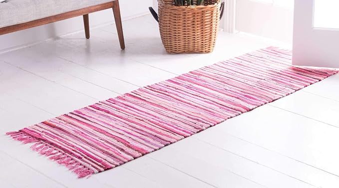 Unique Loom Chindi Cotton Collection Hand Woven Natural Fibers Area Rug_CCH002, 2 ft 7 in x 9 ft 10 in, Pink/Ivory