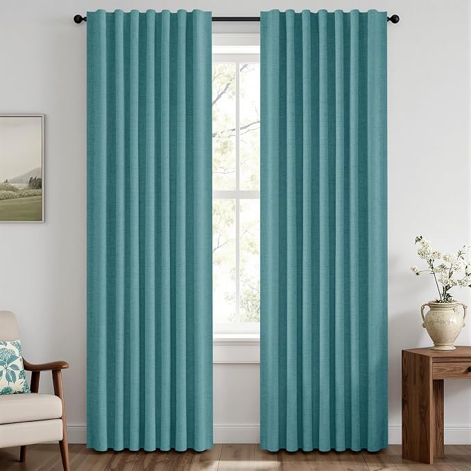 MIULEE 100% Blackout Linen Curtains for Bedroom 42 x 84 Inch Teal 2 Panels | Thermal Insulated, Room Darkening Drapes for Living Room, Back Tab Rod Pocket Pinch Pleated, Solid Luxury Decor