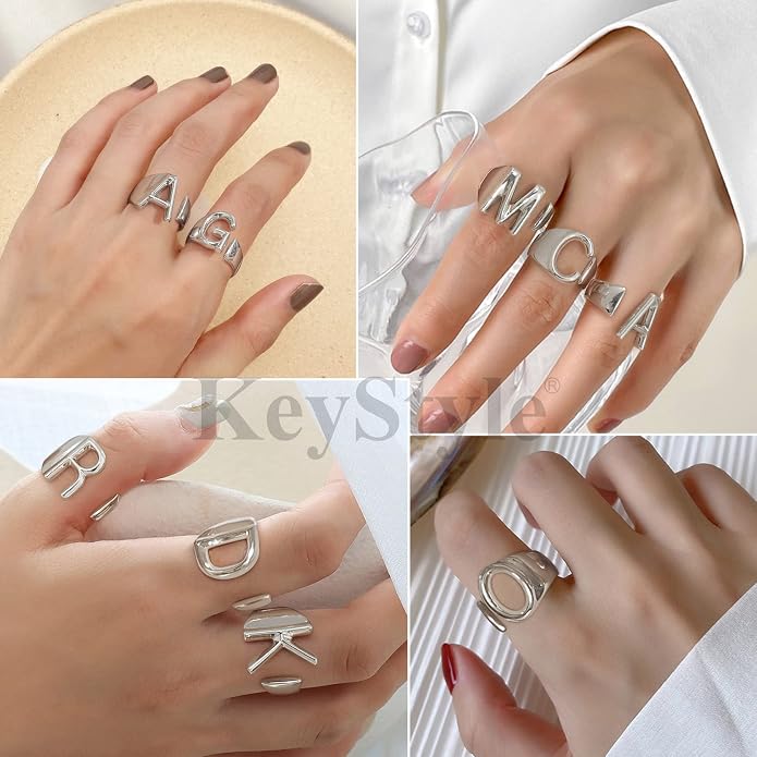KeyStyle Bold Initial Letter Rings Adjustable, GoldChic Jewelry Women Gold Statement Ring Personalized Engraved Women’s Open Signet Ring for Party (Gold, White Gold, Black)