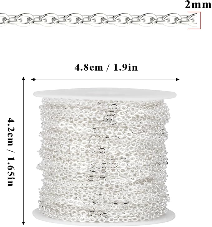 33 Feet Silver Plated Stainless Steel Cable Chain Bulk, 2mm 304 Stainless Steel Silver Flat Cable Link Chains Roll Spool for Jewelry Making Necklace DIY Craft
