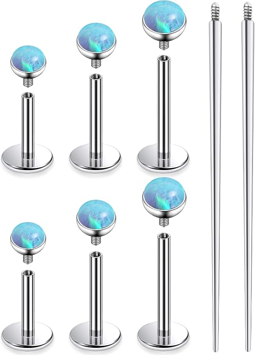 Ruifan Titanium Flat Back Lip Rings Externally Threaded Earrings Studs Nose Rings 20G 18G 16G Jeweled Round Opal Tragus Cartilage Lobe Rook Helix Conch Labret Medusa Piercing Jewelry for Women Men