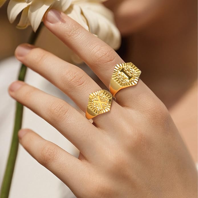 KeyStyle Bold Initial Letter Rings Adjustable, GoldChic Jewelry Women Gold Statement Ring Personalized Engraved Women’s Open Signet Ring for Party (Gold, White Gold, Black)