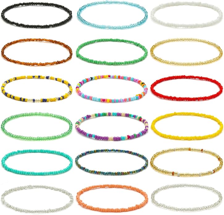 XIJIN 18 Pieces Elastic Beaded Anklets for Women Handmade Beach Boho Colorful Beads Ankle Bracelets Set