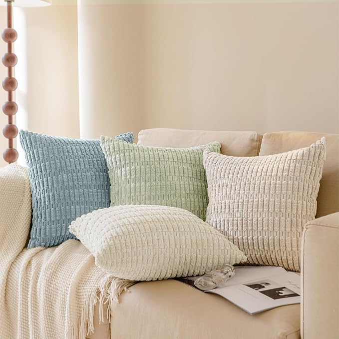 Softalker Throw Pillow Covers 18x18 Inch, Set of 4, Corduroy Soft Striped Farmhouse Boho Pillow Cover, Modern Decorative Cushion Pillow Case for Couch Sofa Bedroom Living Room, Light Blue