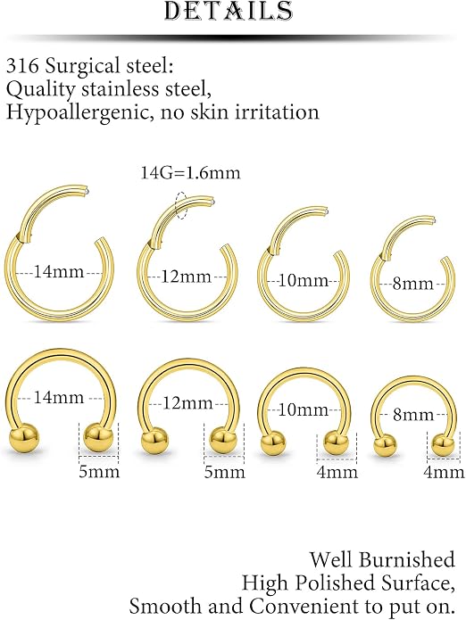 20G 18G 16G 14G 12G 10G Hypoallergenic Nose Rings Hoops for Men Women 316L Surgical Steel Hinged Nose Rings for Nostril Septum Cartilage Helix Daith Tragus Rook Conch Lip Ear Lobe Piercing