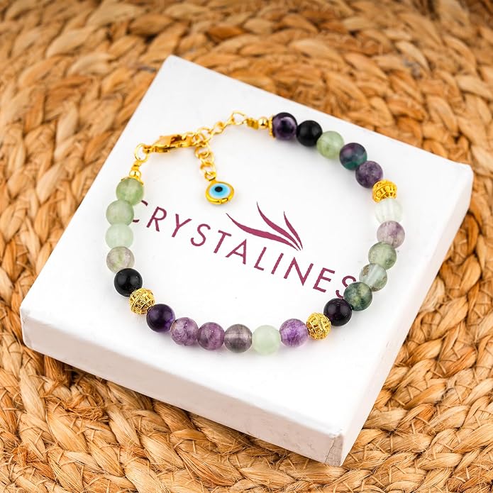 AAA Grade Natural Gemstone Beaded Bracelet, 14K Gold Plated with Evil Charm, Wicca & Reiki Healing Crystals, Handmade Bohemian Jewelry, Christmas Gift for Women (7+1inch)