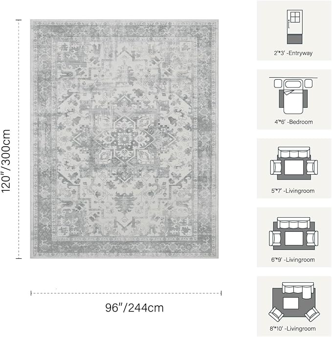 Rugxara 8x10 Washable Area Rug for Living Room, Extra Large Neutral Vintage Boho Rugs for Office, Kids Room, Farmhouse, Durable Low Pile Non Slip Carpet for High Traffic Areas, Light Grey