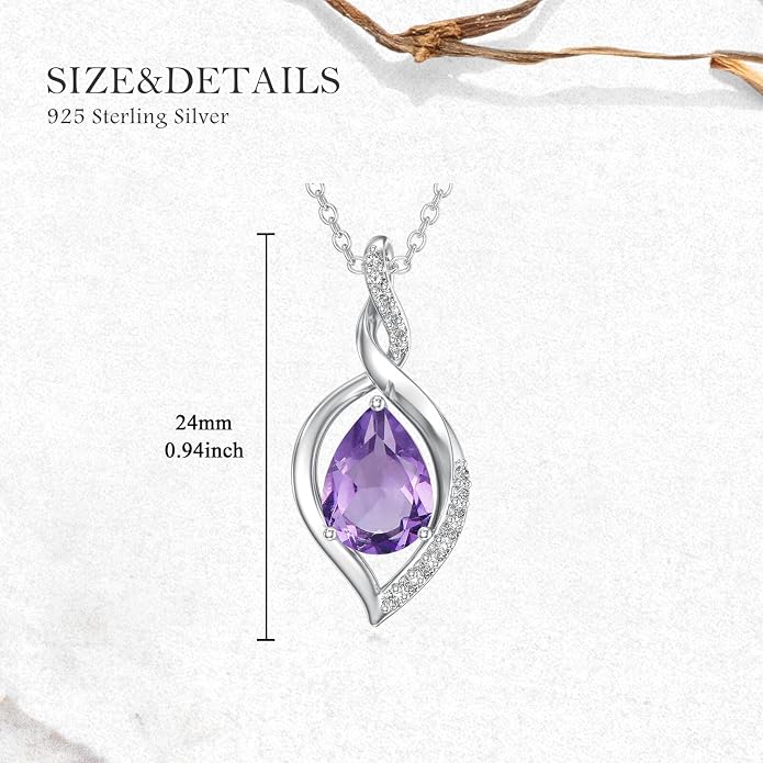 Natural Amethyst Necklace for Women 925 Sterling Silver Purple February Teardrop Birthstone Pendant Jewelry Birthday Gifts for Mom Women