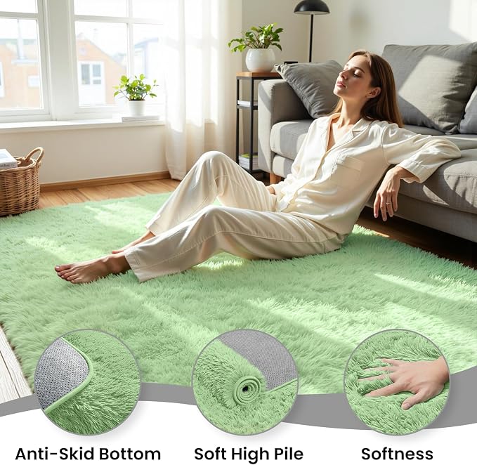 6x9 Area Rug for Living Room, Ultra Soft Fluffy Light Green Rugs for Bedroom, Non Slip Large Shag Carpet, Fuzzy Plush Nursery Rug, Thick Washable Indoor Floor Carpets for Kids Office Dorm Home Decor