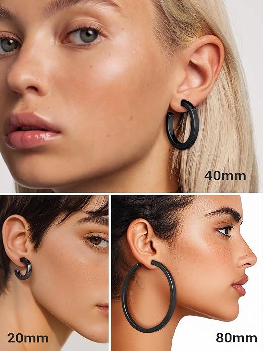 Stainless Steel Chunky Hoop Earrings For Women, Minimalist and Chic, Black/Gold Plated, Round Hoops Earrings Hypoallergenic, Size: 30mm/40mm/60mm/80mm, Come with Box