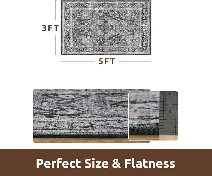 AMOAMI-3X5 Area Rug-Soft Washable Rugs for Living Room Bedroom -Non Slip Entryway Rug-Indoor Vintage Throw Rug Accent Rug for Living Room Laundry Room Kitchen Bathroom Bedside Dark Grey & Black
