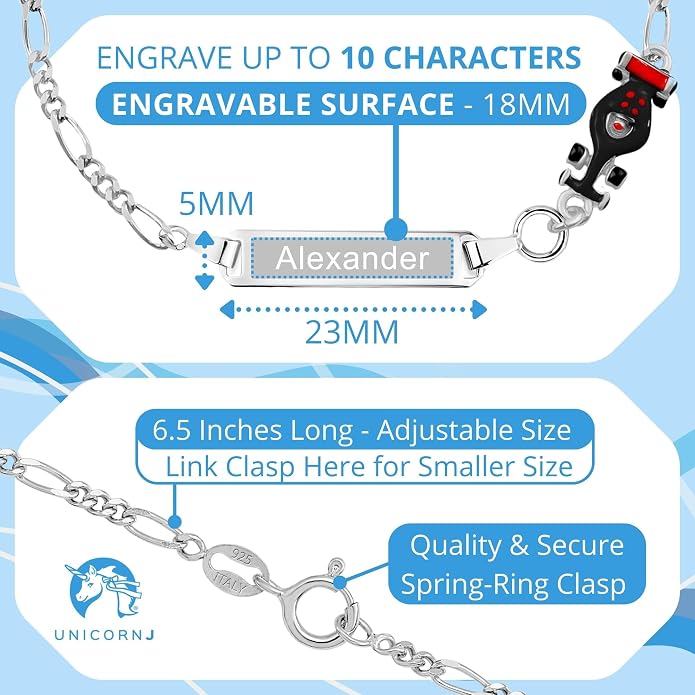 UNICORNJ 925 Italy Sterling Silver Child or Baby Name Bracelet Girls Boys, Personalized Engraved Kids ID Bracelets, 6.5" Figaro Chain, Enamel Charm Newborn Infant Toddler Kid Jewelry