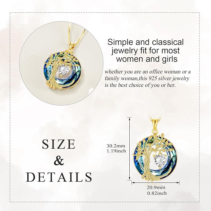 POPLYKE Mothers Day Gifts for Mom Her Wife Tree of Life Necklace 925 Sterling Silver Birthstone Pendant with Crystal Anniversary Birthday Wedding Jewelry for Women