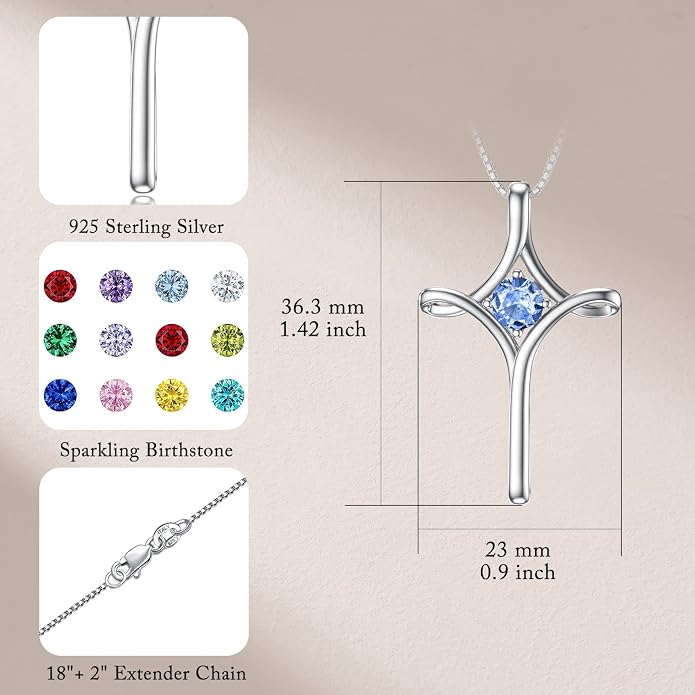 TOUPOP Cross Necklace for Women 925 Sterling Silver Birthstone Cross Pendant Fine Jewelry Anniversary Birthday Mothers Day Gifts for Mom Wife Her