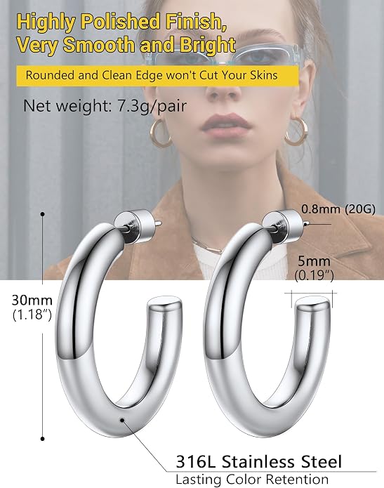 Stainless Steel Chunky Hoop Earrings For Women, Minimalist and Chic, Black/Gold Plated, Round Hoops Earrings Hypoallergenic, Size: 30mm/40mm/60mm/80mm, Come with Box