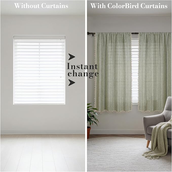 ColorBird Sage Green Boho Curtains Linen-Textured for Living Room Light Filtering Modern Farmhouse Whimsical Decor Drapes Embroidered Striped 63 Inch Length for Dining Room Bedroom