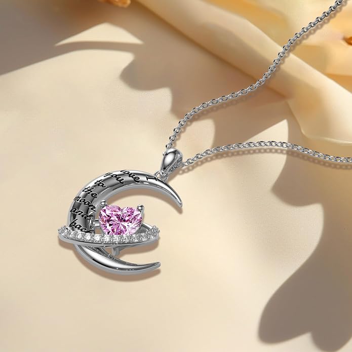 Distance I Love You to The Moon and Back Necklace for Women, S925 Sterling Silver Forever Love Heart Birthstone Necklace, Anniversary Birthday Jewelry for Wife Lover