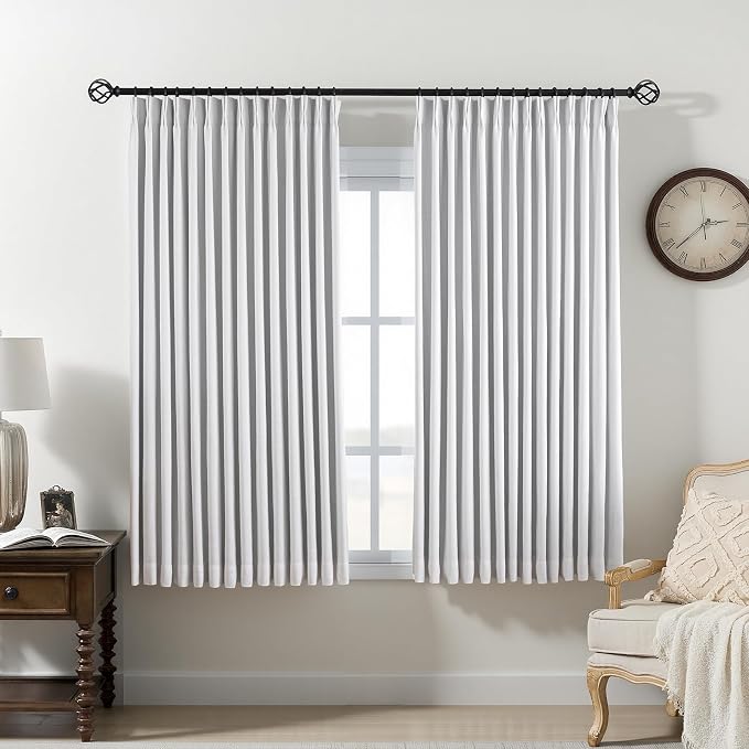 Pinch Pleated Curtains 100% Blackout Linen Curtains 63 Inches Long for Bedroom Living Room, White Memory Trained Thermal Insulated Room Darkening Window Pleat Drapes with Hooks, 2 Panels, 40"Wx63"L