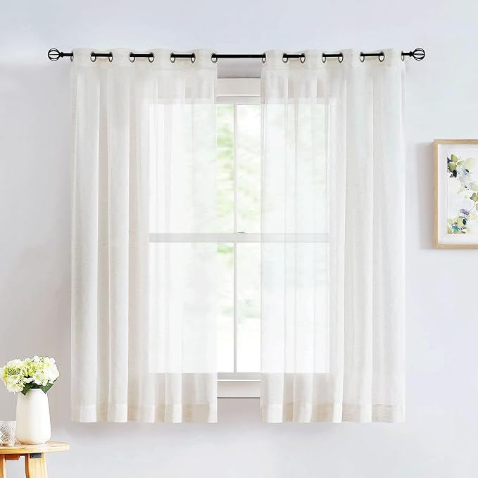 FMFUNCTEX Beige Linen Pinch Pleated Sheer Curtains 63 Inch Long 2 Panels | Natural Semi Sheer Window Drapes French See Through for Bedroom and Living Room, Farmhouse Privacy