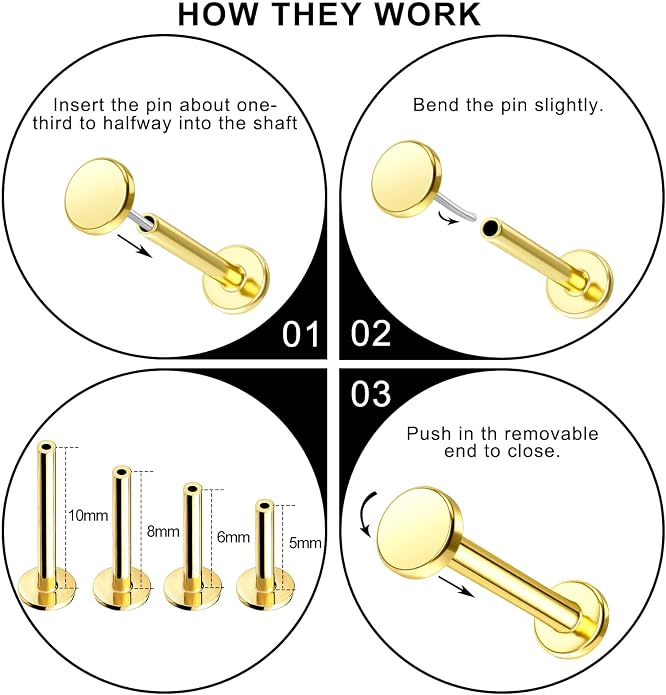 Melighting 14K Solid Gold Threadless Replacement, Gold Threadless Post Push in Flat Back, Labret, Nose, Helix, Conch, Tragus Cartilage Stud Earring 16G 18G 20G