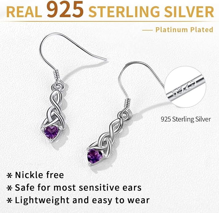 ChicSilver Sparkling Heart Birthstone 925 Sterling Silver Celtic Knot Dangle Hook Earrings (with Gift Box)