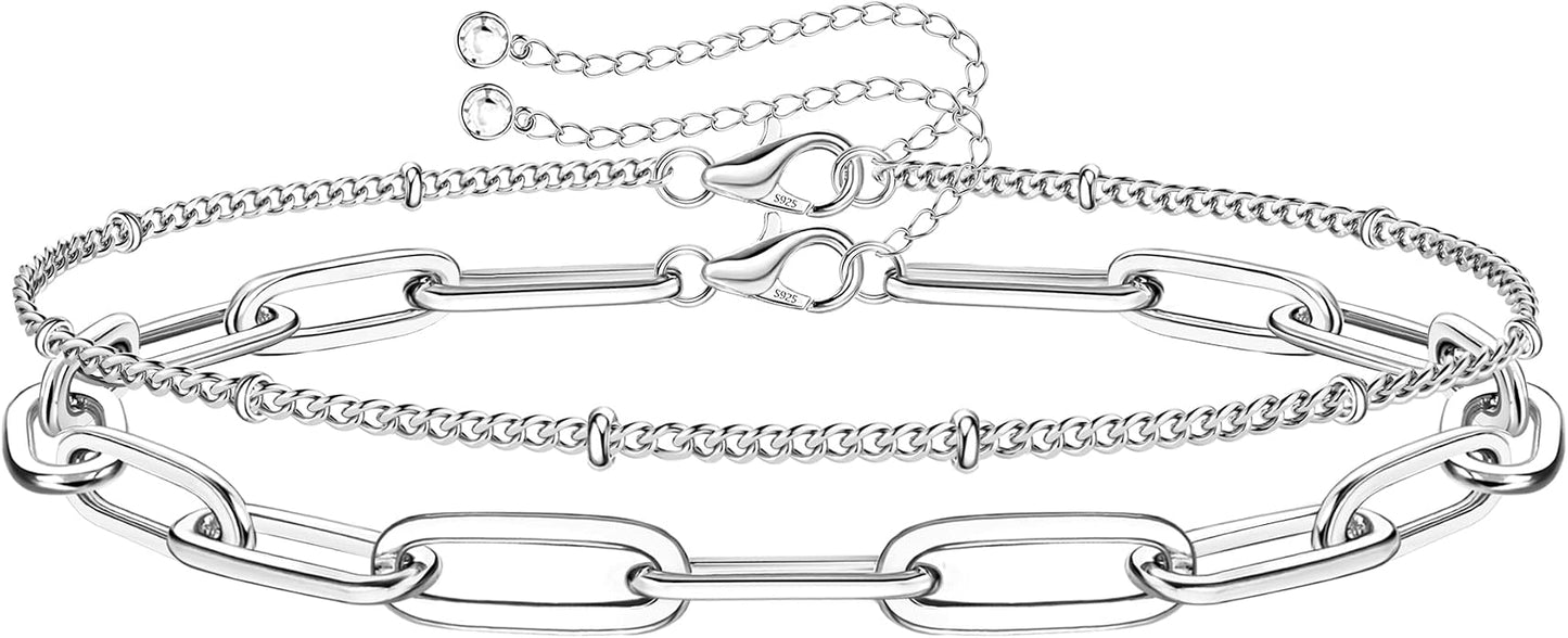 MILACOLATO 925 Sterling Silver Clasp Paperclip Chain Bracelets 14K White Gold Plated Solid Diamond-Cut Paperclip Chain Women Bracelet Adjustable Layered Satellite Beads Bracelets for Women
