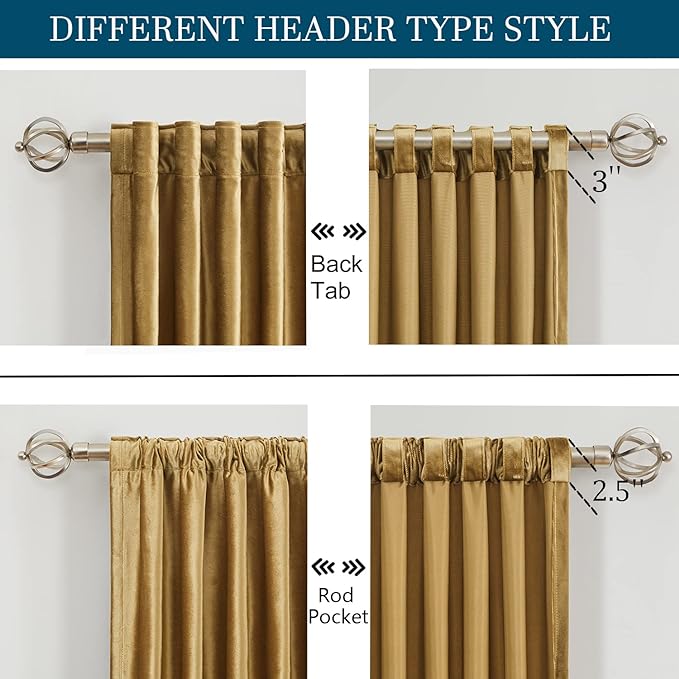 Gold Velvet Curtains 63 inch Long for Living Room,Luxury 2 Panels Room Darkening Rod Pocket Back Tab Curtain Elegant Thermal Insulated Heavy Soft Soundproof Decorative Window Drapes for Bedroom