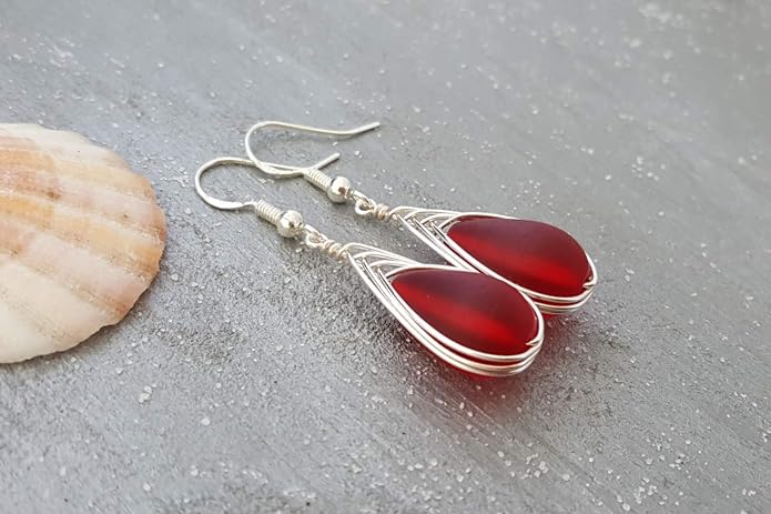 Handmade Sea Glass Earrings, Hawaiian Jewelry, Wire Braided Earrings Teardrop Earrings, Beach Jewelry Sea Glass Jewelry For Women Birthday Gift