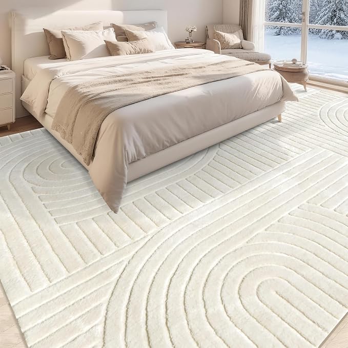 Beige Solid Area Rug 9x12, Large Washable Living Room Rug, Ultra Soft Indoor Rugs for Bedroom, Modern Geometric Boho Pattern High-Low Textured Carpet for House Apartment, Home Office Decor