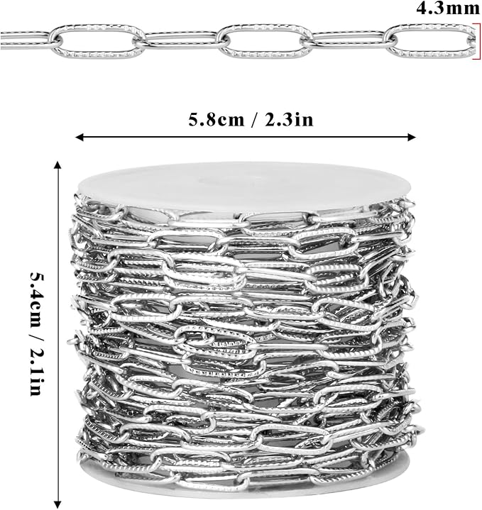33FT Paperclip Chains Roll 4.3mm Stainless Steel Textured Paperclip Link Chains Spool Bulk for Jewelry Making