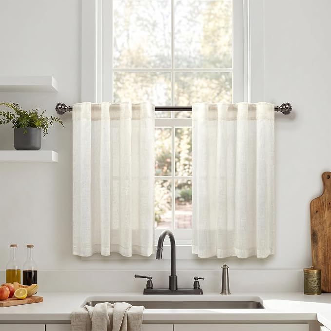 Pitalk Cream Linen Semi Sheer Curtains 34 x 36 Inch Length 2 Panels Lightweight Light Filtering Back Tab Rod Pocket Neutral Cafe Curtains for Kitchen Bathroom Small Half Window Loft Room RV Campers