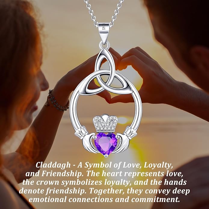 Gift Birthstone Necklaces for Women 925 Sterling Silver Irish Claddagh Necklace for Women Heart Birthstone Pendant Necklace Anniversary Birthday Gifts for Wife Lady Cable Chain 18"+2"