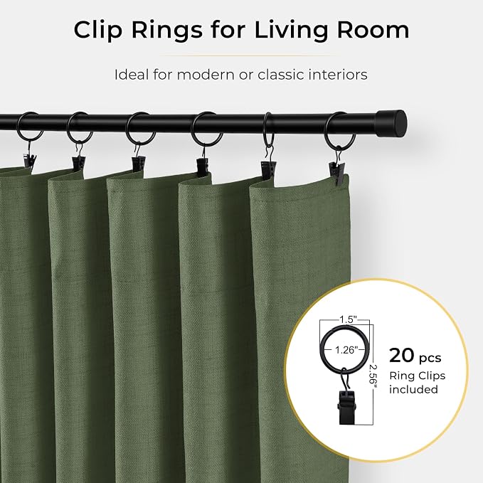 INOVADAY 100% Blackout Curtains for Bedroom, Moss Green Black Out Curtains 96 Inch Long, Clip Rings Linen Blackout Drapes, Thermal Insulated Room Darkening for Living Room, 2 Panels - W50xL96