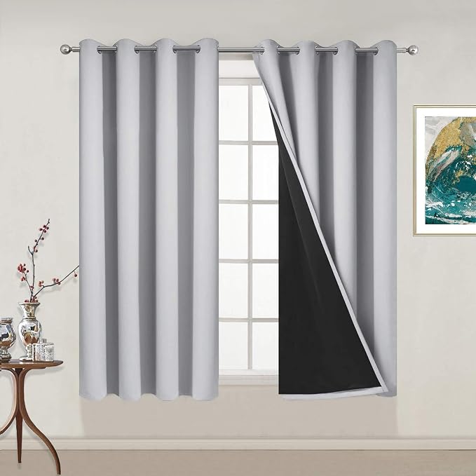 Yakamok Light Grey 100% Blackout Curtains 54 Inches Long 52" Wide 2 Panel | Blackout Curtain Panels for Bedroom, 2 Thick Layers Grommet Top Thermal Insulated Drapes with Black Liner for Living Room