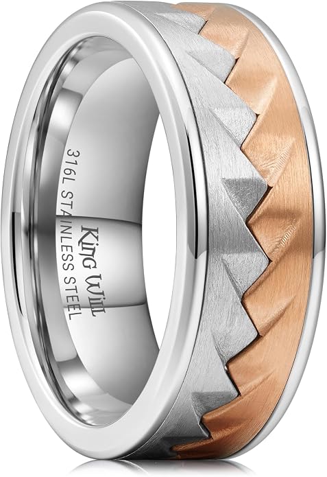 King Will 316L Stainless Steel Men's Wedding Band – 6/8 mm Dual-Tone Wedding Ring Polished Finish with Gold/Black Steel Plating, Fashionable and Durable Stainless Steel Men's Ring Size 7-14