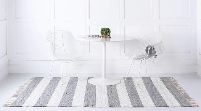 Unique Loom Chindi Rag Collection Area Rug - Striped (6' 1" x 9' Rectangle, Gray/ Ivory)