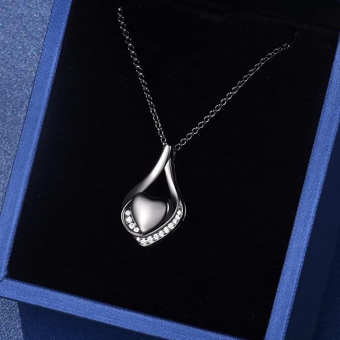 Cremation Jewelry 925 Sterling Silver Teardrop Urn Necklace for Ashes Heart Shape Memorial Keepsake Pendant for Human Ashes for Women Gift