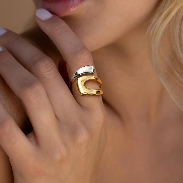 Gelbesty Waterproof Gold Statement Rings for Women, 14K Gold Plated Chunky Open Stackable Rings Non Tarnish Fashion Adjustable Stainless Steel Pinky Knuckle Signet Vintage Ring Jewelry Size 5-11