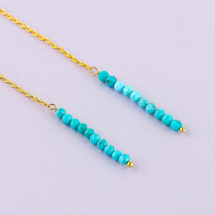 Natural Gemstone Threader Earrings for Women - Dainty 2mm Faceted Beads - Birthstone Crystal Drop Earrings - Silver Plated Healing Jewelry