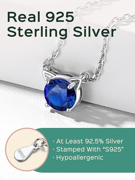 ChicSilver Bow and Cat Birthstone Necklace, 925 Sterling Silver Pendant Necklaces for Women, Hypoallergenic Silver Choker with 16 inch Rolo Chain, 12 Months Jewelry for Valentines Mothers Day Christmas