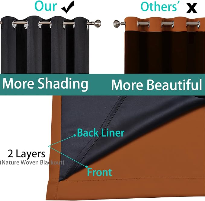 Yakamok Burnt Orange 100% Blackout Curtains 84 Inches Long 52" Wide 2 PCS | Blackout Curtain Panels for Bedroom, 2 Thick Layers Grommet Top Thermal Insulated Drapes with Black Liner for Living Room