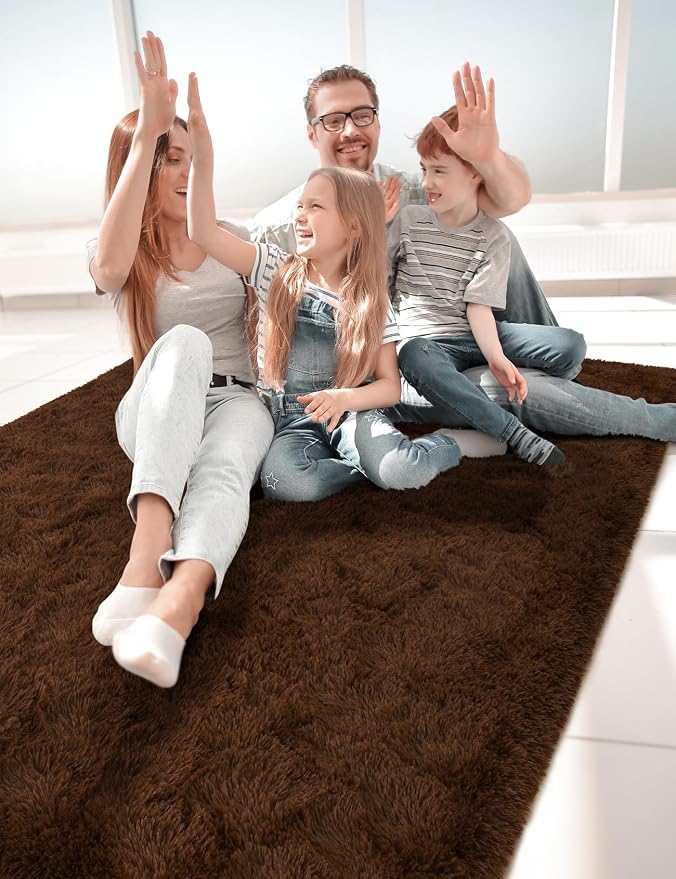 Fluffy Area Rugs for Bedroom Decor Aesthetic, 8x10 Large Brown Shag Rug with Non-Slip Backing for Living Room, Fuzzy Plush Carpet Washable Rug Modern Home Decor for Kids Nursery Boys Room