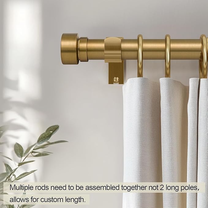 Lootkell 2 Pack Warm Gold Curtain Rods for Windows 72 to 144 Adjustable Length Heavy Duty 1" Diameter Brass Window Rod with Solid Metal Finials for Outdoor Farmhouse Bedroom Kitchen Living Room