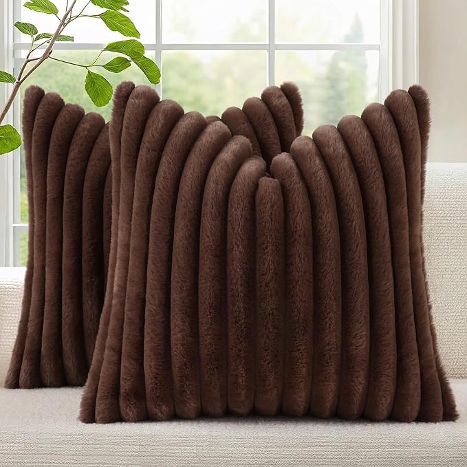 decorUhome Fall Faux Fur Throw Pillow Covers 20x20 Set of 2 Dark Brown | Decorative Soft Cozy Striped Plush Modern Farmhouse Boho Couch Pillow Cases Velvet Back for Sofa Bed Living Room Home Decor