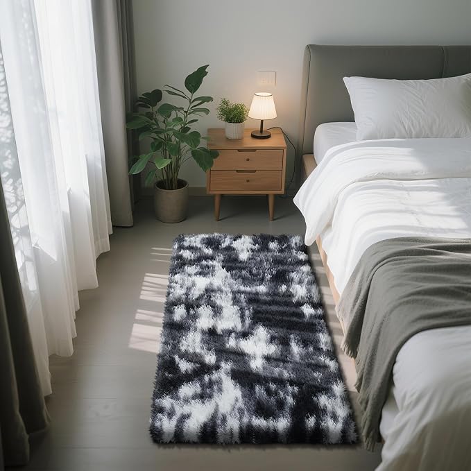 Fluffy Rug Shag Area Rug, Mottling Black 2x4 Area Rugs for Bedroom, Small Bedside Rug, Soft Fluffy Shag Entryway Throw Rugs for Living Room Bedroom Room Home Decor