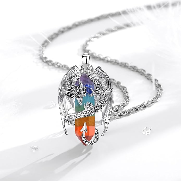 INFUSEU Unique Dragon Necklaces with Healing Crystal Stone for Men Women, Personalized Spiritual Gifts, 24 Inch Chain