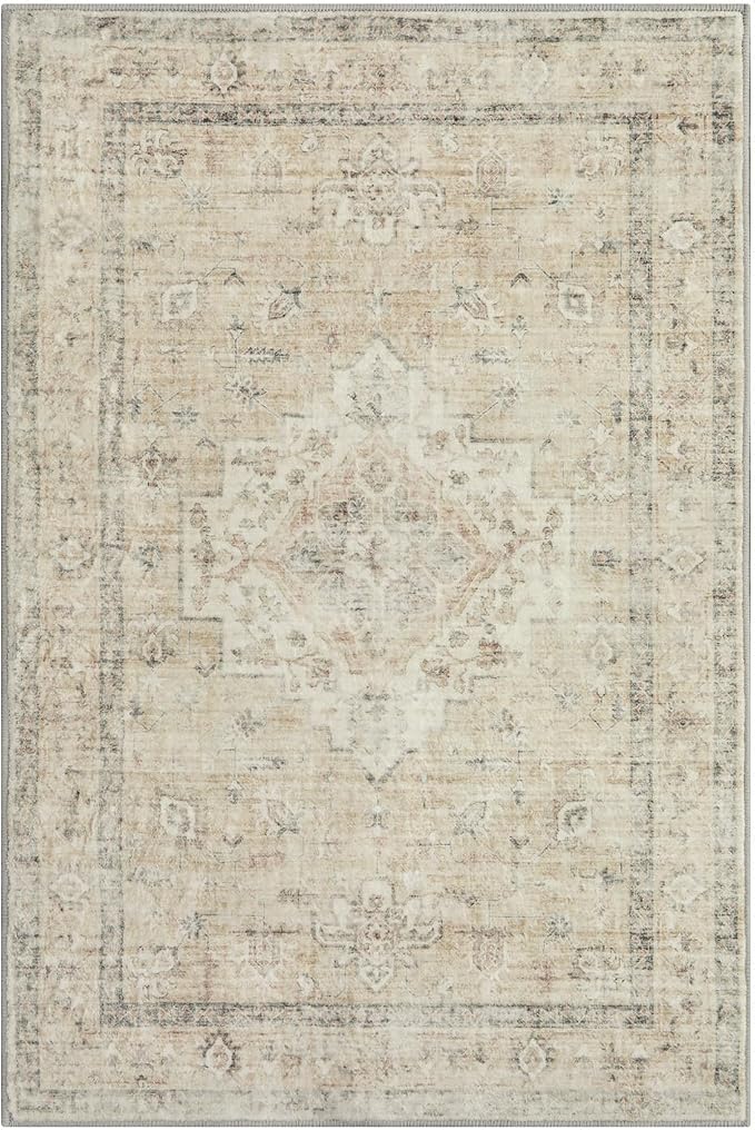 LIVEBOX Washable Rug 2x3 Kitchen Mats for Floor Entryway, Non Slip Front Door Mat for Bathroom Hallway, Boho Low-Pile Small Carpet Farmhouse Throw Indoor Rugs for Bath Sink, Tan