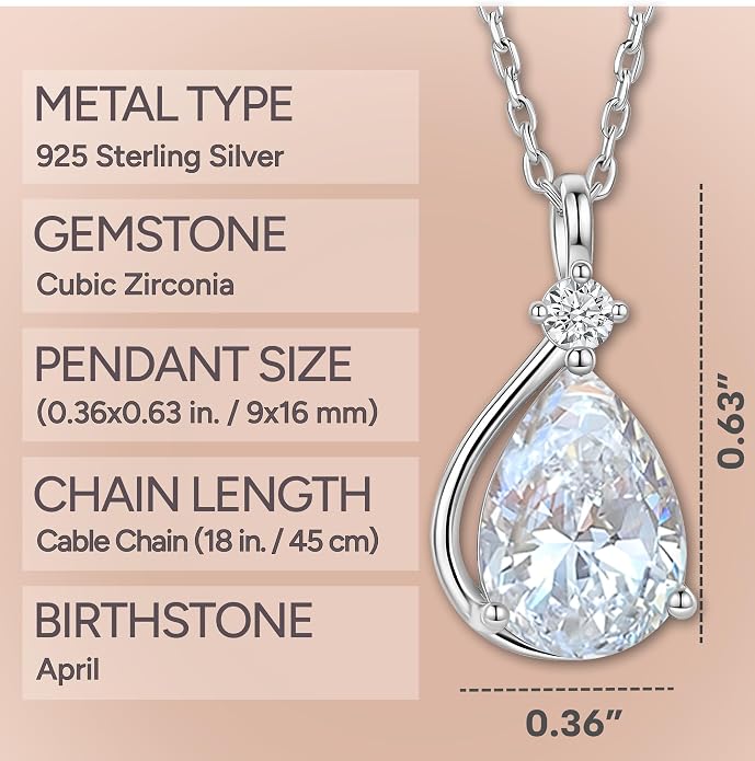 ADITA GOLD Birthstone Necklace for Women, 925 Sterling Silver Teardrop Pendant, Simulated Gemstone, Birthstone Jewelry