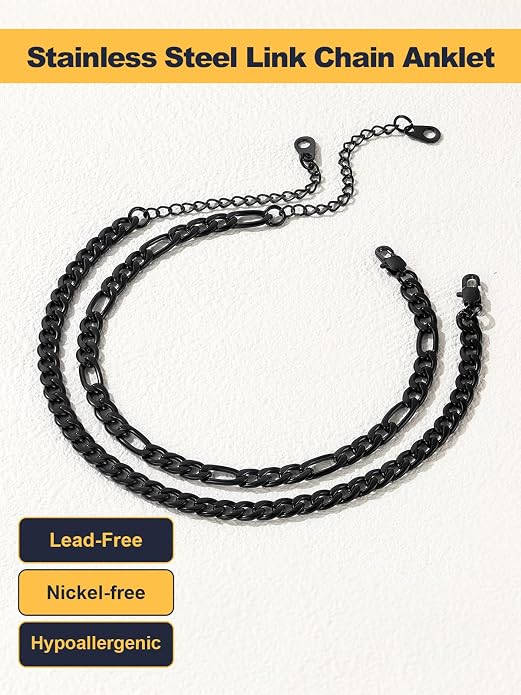 U7 2Pcs/3Pcs Ankle Bracelets for Women, Stainless Steel Cuban Link/Figaro/Rope/Heart Chain Anklets Sets,Waterproof Layered Anklets Adjustable 8.5"-10.5"
